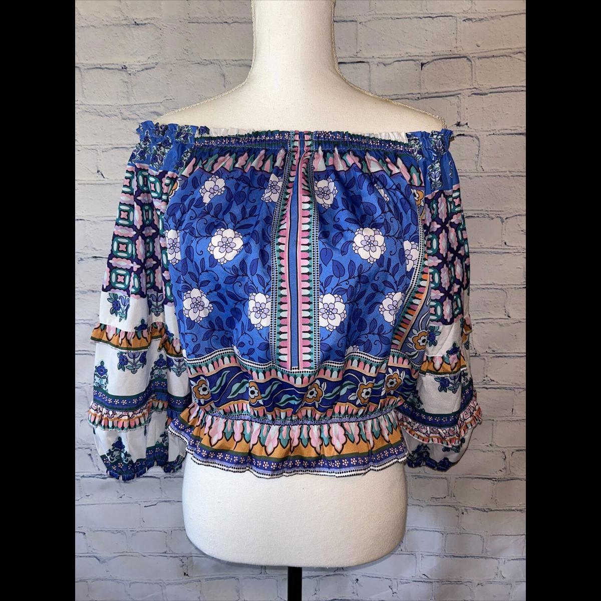 Rachel Zoe Floral Off Shoulders 3/4 Sleeve Top Crop Sz Medium Ruffles